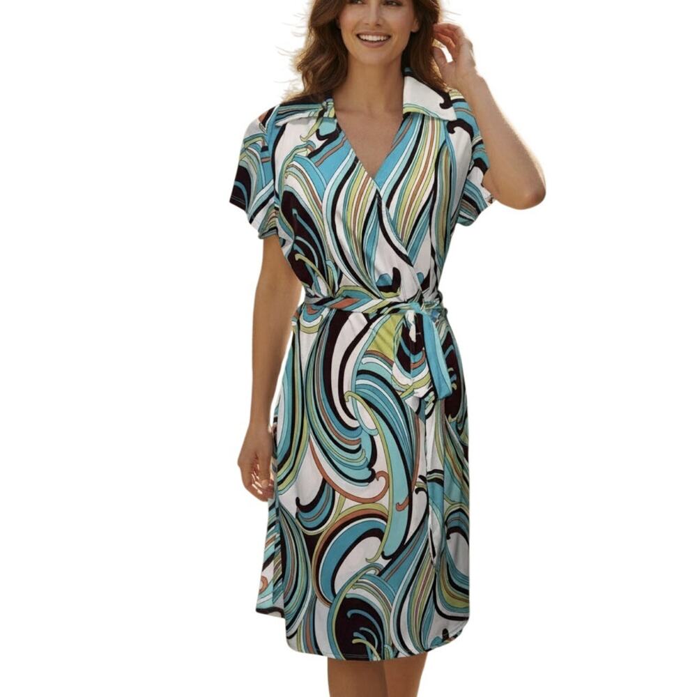 Y2K Tiana B Abstract Retro Swirl Tie Waist Wrap Dress Made in USA Large